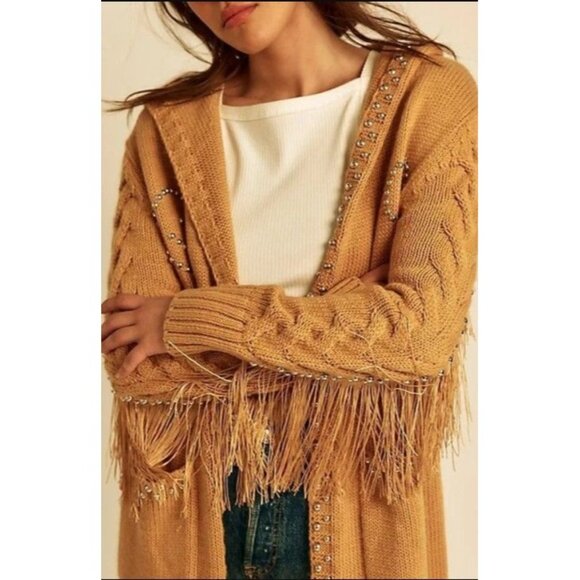 Free People Understated Leather Southern Charm Studded Cardigan S XS Fringe NWT - Picture 3 of 9